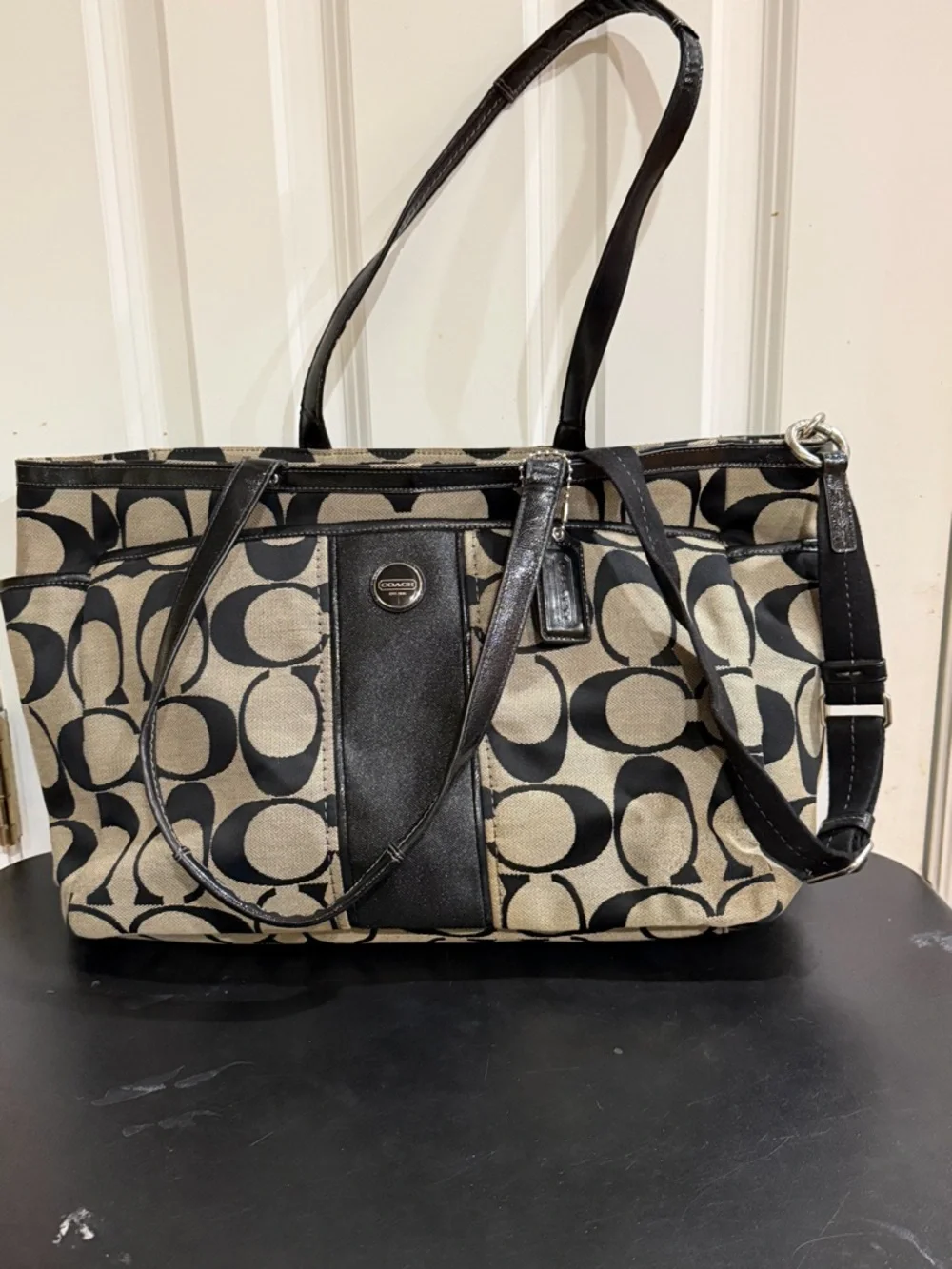 Coach Tan and Black Signature Canvas Tote/ multifunction bag